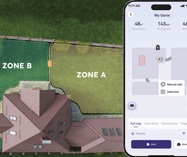 Grafik zum Multi-Zonen-Management. Links ist ein Haus mit Garten aus der Vogelperspektive abgebildet, dessen Rasenfläche in die Bereiche „ZONE A“ und „ZONE B“ aufgeteilt ist. Rechts ist ein Smartphone mit der geöffneten ANTHBOT-App zu sehen, welche die dazugehörige digitale Karte des Gartens sowie Menüs zur Verwaltung und Einstellung der Zonen zeigt.