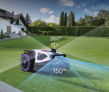 Zentimetergenaue Positionierung dank 360° LiDAR – dadurch lückenlose Abdeckung, auch bei verwinkelten oder durch Zäune/Beete gegliederten Rasenflächen.