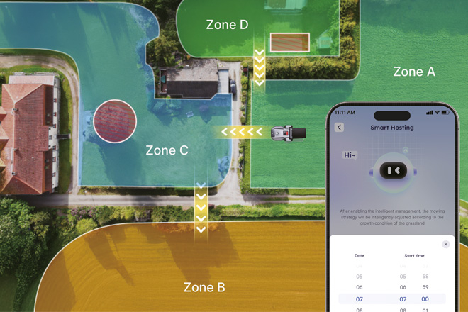 Kartenansicht mit Mähzonen (Zone A–D) und Fahrspur des Roboters; Smartphone zeigt App zur Zeit- und Mähplansteuerung