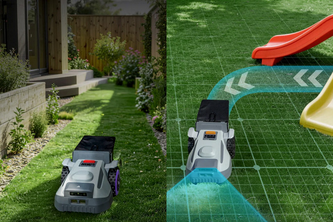Das Bild zeigt einen Anthbot N8 Mähroboter, wie er zwischen Gebäuden und unter einer Rutsche fährt