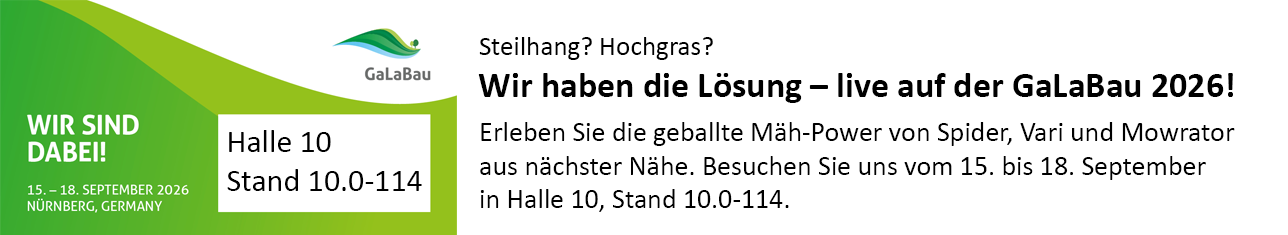 Steilhang? Hochgras? Wir haben die Lösung – live auf der GaLaBau 2026! Erleben Sie die geballte Mäh-Power von Spider, Vari und Mowrator aus nächster Nähe. Besuchen Sie uns vom 15. bis 18. September in Halle 10, Stand 10.0-114.