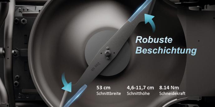 Leistungsstarkes Messerblatt mit robuster Beschichtung – Mow like a Beast Das Bild zeigt die Unterseite eines Rasenmähers in einer dunklen Nahaufnahme. Im Zentrum ist ein großes, massives Messerblatt diagonal montiert. Zwei gebogene, hellblaue Pfeile weisen auf die Klingenenden hin, die bläulich leuchtend hervorgehoben sind. Dazu steht der Text „Robuste Beschichtung“ in Hellblau. Darunter befindet sich in großen, weißen Buchstaben der Slogan „MOW LIKE A BEAST“. Im unteren Bildrand sind die technischen Spezifikationen in weißer Schrift aufgelistet: • 53 cm Schnittbreite • 3,8-10,9 cm Schnitthöhe • 8.14 Nm Schneidekraft.