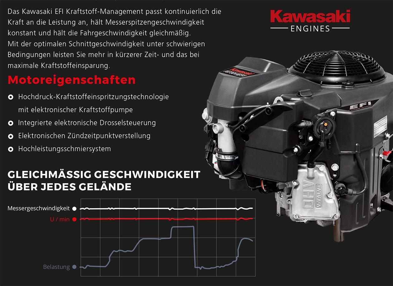 Der 4-Takt-Kawasaki-Motor sorgt für optimale Produktivität und maximale Wirtschaftlichkeit, auch in härtestem Gelände, dank des doppelten Luftfilters und des leistungsstarken Schmiersystems.
